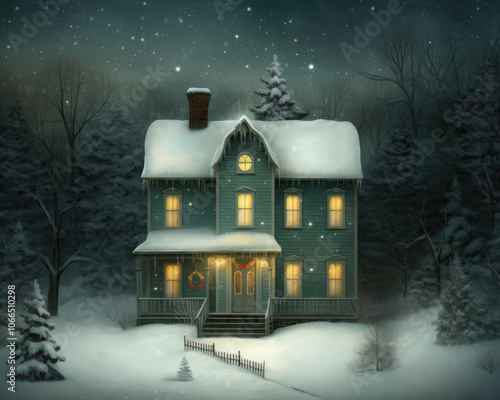 Greeen Wooden House in the Snow. Christmas Night in the Village. Cute Winter House, Watercolor Illustration, Art photo