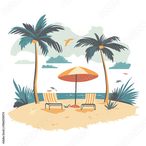 Beach with palm trees and sun loungers. Vector illustration