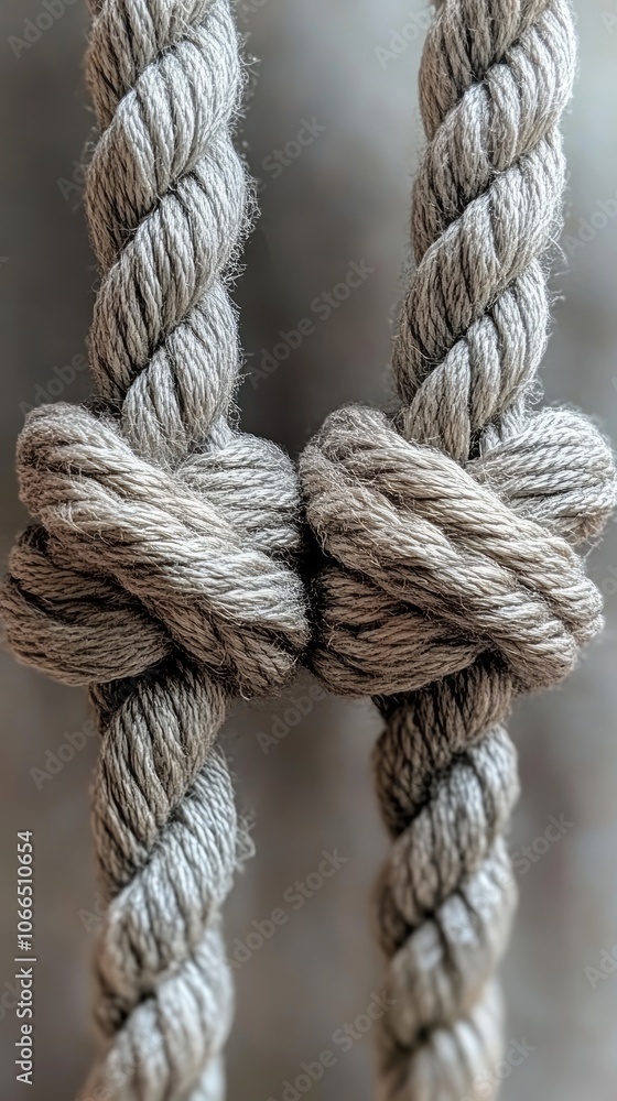 Two strands of natural fiber rope are intertwined in a secure knot, showcasing the texture and craftsmanship against a blurred backdrop Two strands of natural fiber rope are intertwined in a secure knot, showcasing the texture and craftsmanship against a blurred backdrop