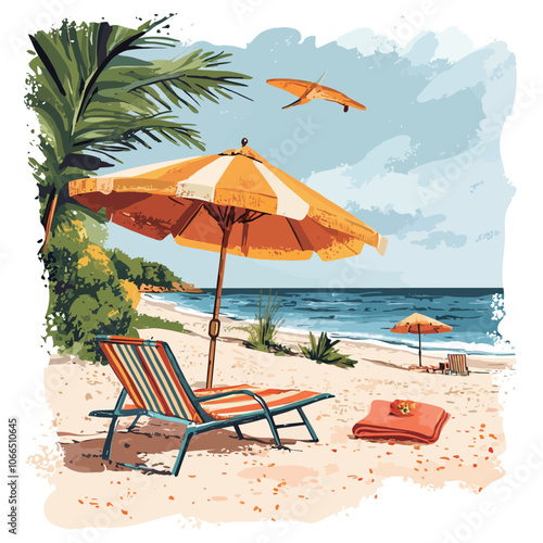 Beach with umbrella and chaise longue. Vector illustration. 