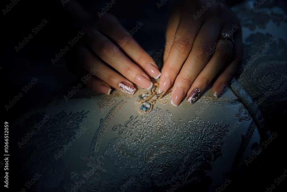 Obraz premium A woman is holding a piece of jewelry with her hand. The jewelry is a diamond pendant