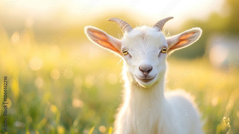 A Young White Goat with Horns and Golden Eyes Smiles in a Field A Young White Goat with Horns and Golden Eyes Smiles in a Field