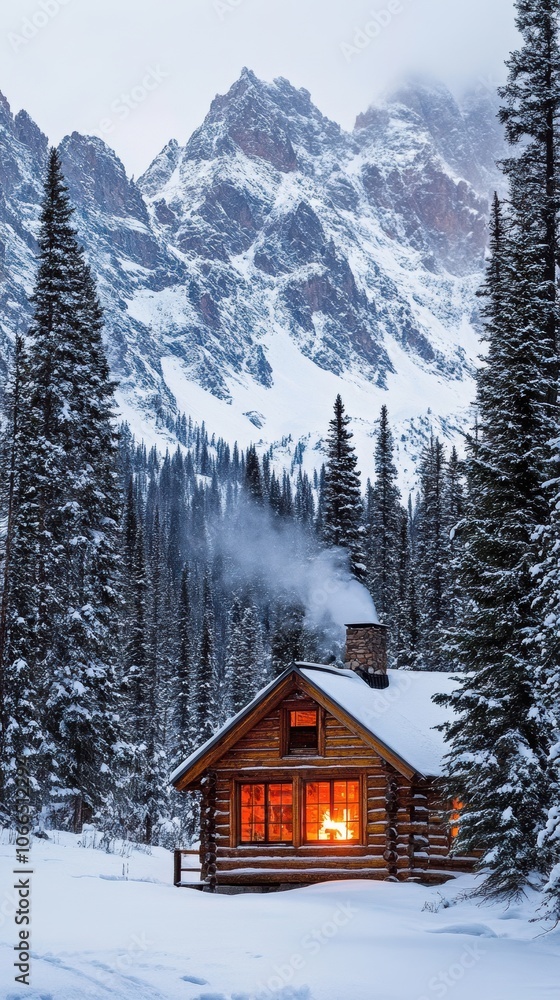 A cozy mountain cabin surrounded by snow-covered trees, smoke rising from the chimney A cozy mountain cabin surrounded by snow-covered trees, smoke rising from the chimney