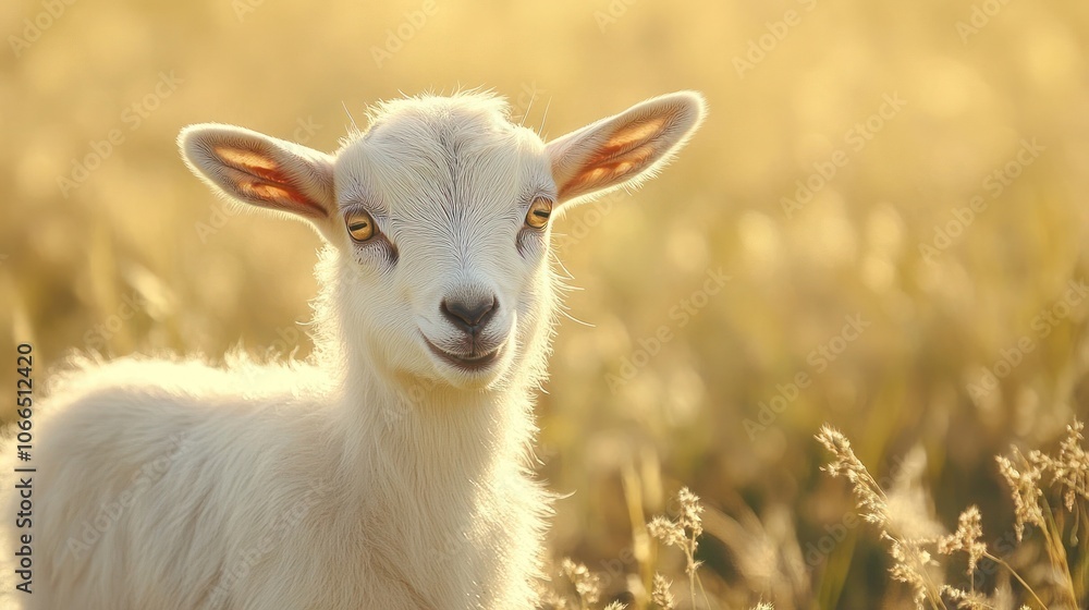 Fototapeta premium A White Goat Kid with Golden Eyes in a Field of Grass