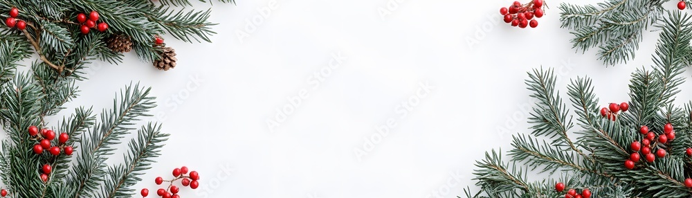 Green Pine Branches with Red Berries on a White Background Green Pine Branches with Red Berries on a White Background