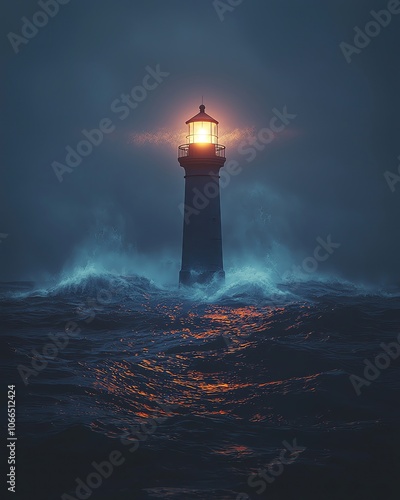 story concept meaning design Lighthouse amid stormy sea at night illustration photo