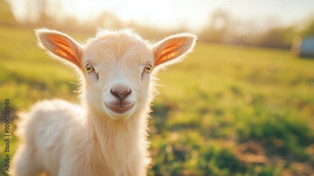Fototapeta premium White Baby Goat with Golden Eyes Looking at Camera in a Field