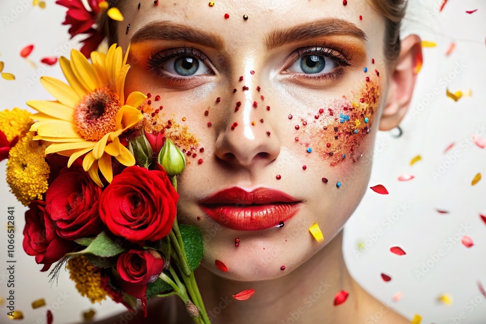 Closeup of Acne-affected Woman's Nose with Blackheads and Enlarged Pores, Candid Photography for Cosmetology and Dermatology Concepts, Celebratory Red Gold Party with Flowers for Women's Day Closeup of Acne-affected Woman's Nose with Blackheads and Enlarged Pores, Candid Photography for Cosmetology and Dermatology Concepts, Celebratory Red Gold Party with Flowers for Women's Day