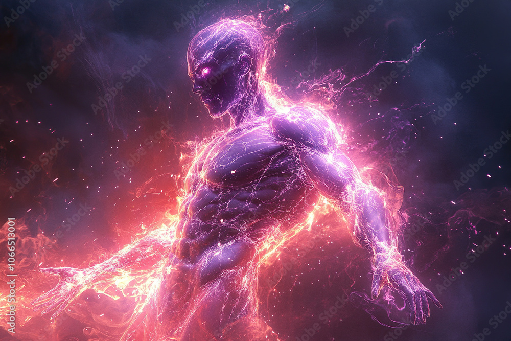 A terrifying silhouette of a man covered in flames, lights and lightning bolts against a dark background. Generated by artificial intelligence A terrifying silhouette of a man covered in flames, lights and lightning bolts against a dark background. Generated by artificial intelligence
