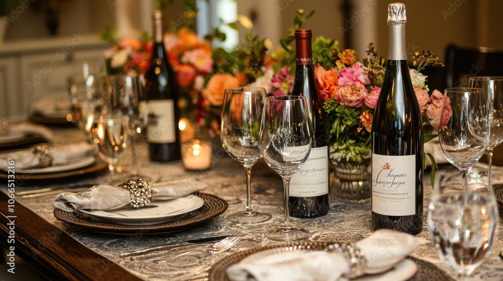 a scene of a sophisticated wine tasting event, featuring a beautifully set table with various wine bottles and glasses. Capture the ambiance with soft lighting and elegant tableware.