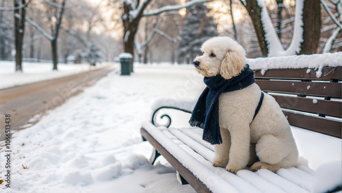 A poodle sitting on a snowy bench wearing a scarf in a winter park. photo