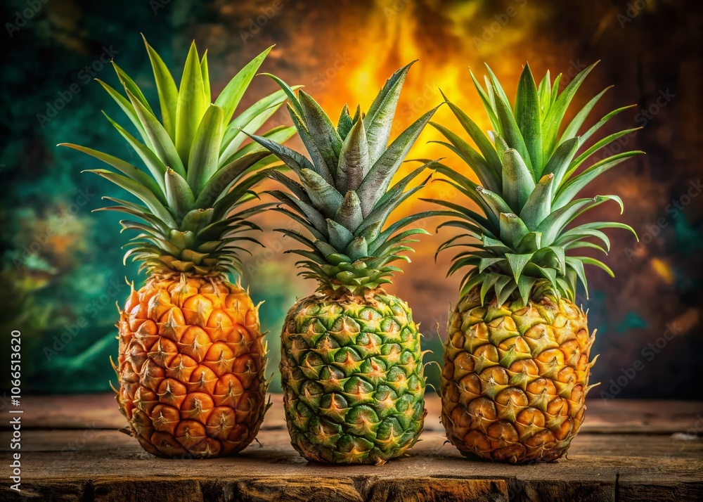 Closeup of Three Pineapples Showcasing Textured Peel and Vibrant Colors for Tropical Fruit Enthusiasts Closeup of Three Pineapples Showcasing Textured Peel and Vibrant Colors for Tropical Fruit Enthusiasts