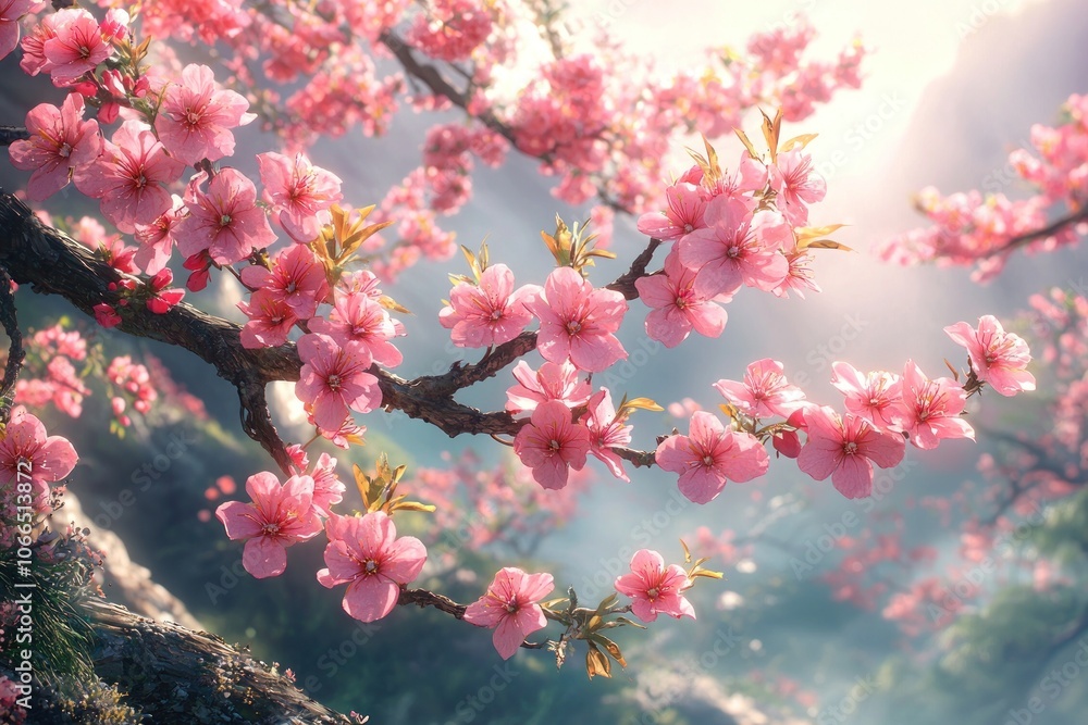 Delicate Pink Cherry Blossoms in Full Bloom on a Sunlit Branch Delicate Pink Cherry Blossoms in Full Bloom on a Sunlit Branch