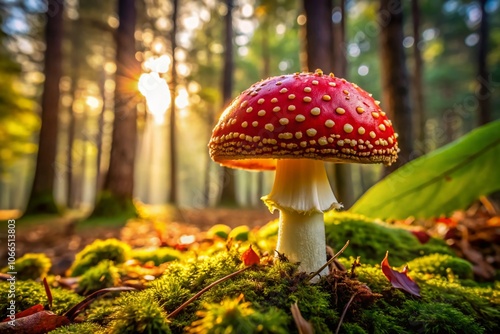 Closeup of Vibrant Fly Agaric Mushroom in Lush Forest Setting with Natural Light and Detailed Textures, Showcasing Fungi, Nature, and Autumn Colors in High Depth of Field