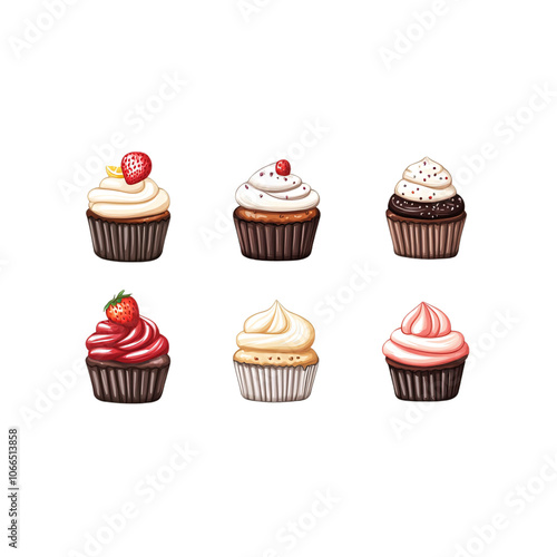 Six colorful, decorative cupcakes with various toppings are displayed against a black background, showcasing delightful dessert craftsmanship.