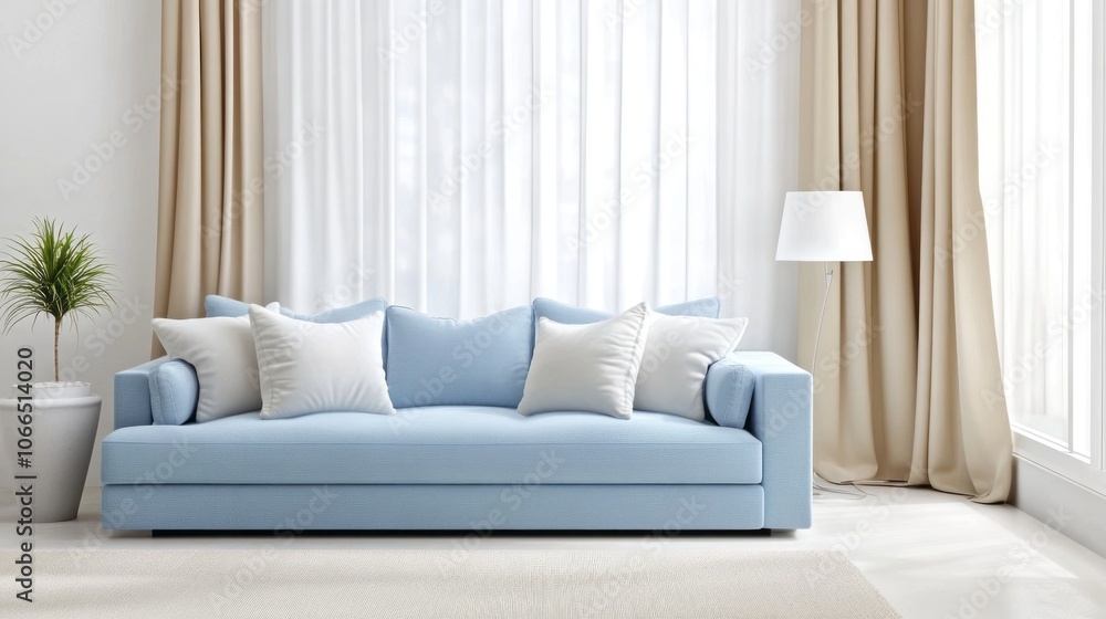Light Blue Sofa with White Pillows in Minimalist Living Room Light Blue Sofa with White Pillows in Minimalist Living Room