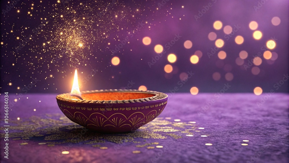 Ornate brass diya with glowing flame, sparkles, Purple-Gold Bokeh, Mandala V4 Ornate brass diya with glowing flame, sparkles, Purple-Gold Bokeh, Mandala V4