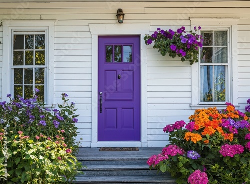 Sunny photo of a white house with purple door and vibrant porch flowers.