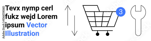 Shopping cart with three items, an adjustable wrench, and up-down arrows. Ideal for ecommerce, online shopping, retail, hardware, cart management, tools, and maintenance. Landing page