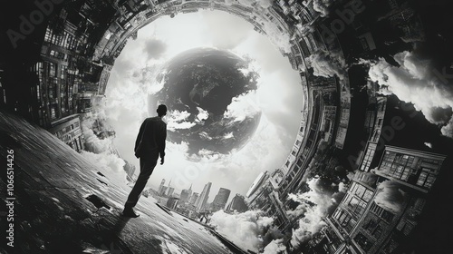 A solitary figure stands before a surreal portal, merging urban landscapes with celestial wonders, evoking mystery and exploration.