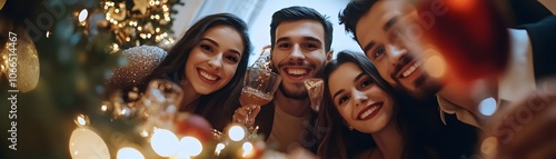 A group of friends smiling and taking a selfie near a Christmas tree. photo