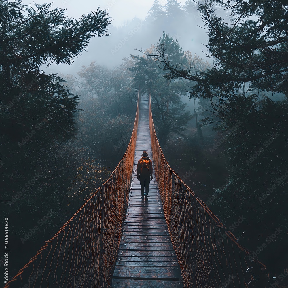 Fototapeta premium story concept meaning design Person walking on a foggy bridge illustration