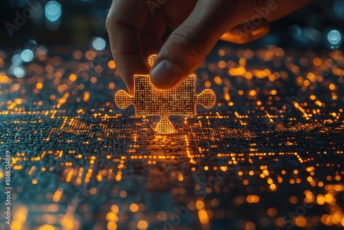 Hand Placing a Glowing Puzzle Piece with Binary Code on a Puzzle