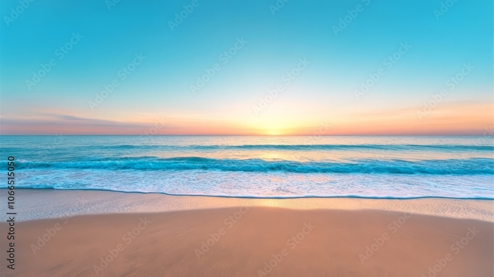 Fototapeta premium Golden sunset over crashing ocean waves at tropical beach paradise sunset