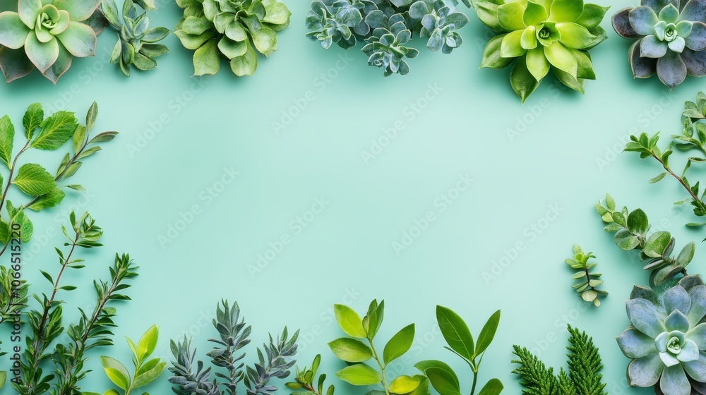 Vibrant green leaves and plants flourish against a serene blue backdrop, creating refreshing natural scene Vibrant green leaves and plants flourish against a serene blue backdrop, creating refreshing natural scene