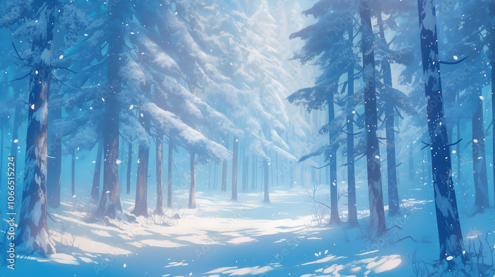 Naklejka premium Snow Covered Pine Forest Sunlight Landscape Wallpaper