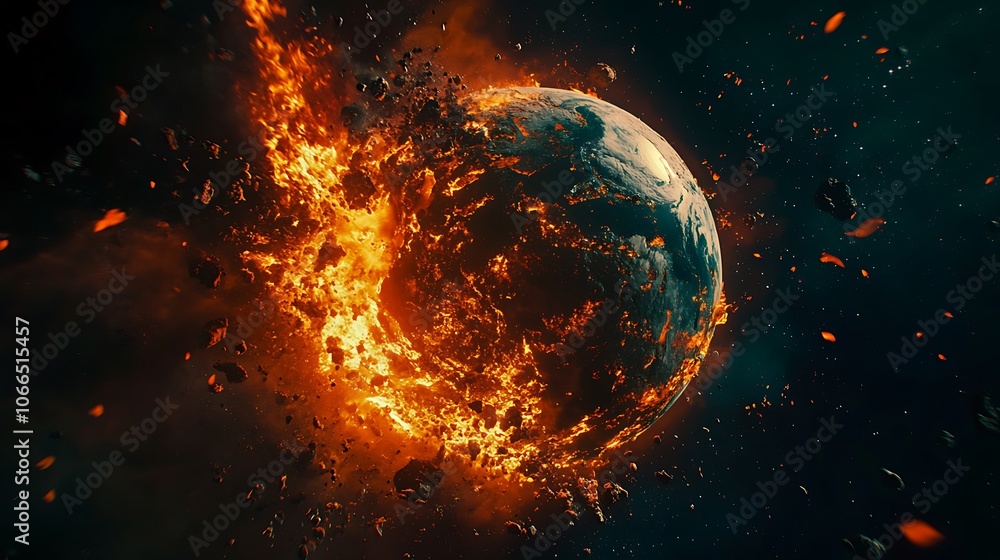 Fototapeta premium The planet Earth is burning and disintegrating