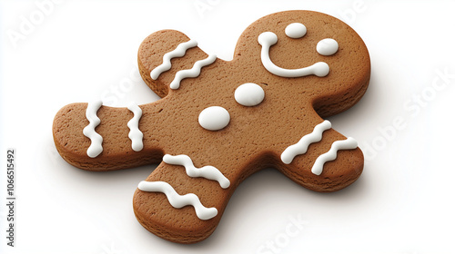 3D gingerbread man cookie decorated with white icing, isolated on a white background, with a cozy, realistic holiday feel. Generated AI