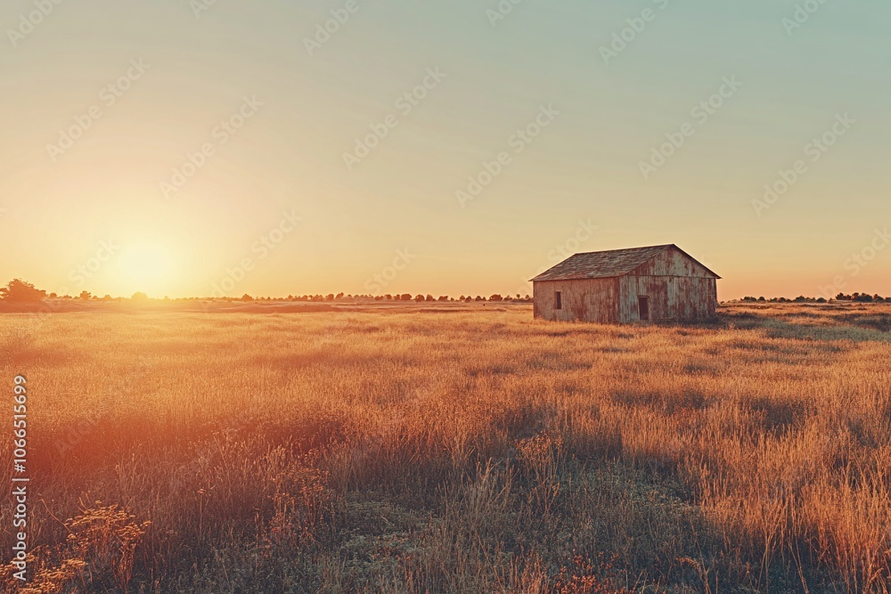 Golden Hour Sunset Over a Rustic Farmhouse in a Field Golden Hour Sunset Over a Rustic Farmhouse in a Field