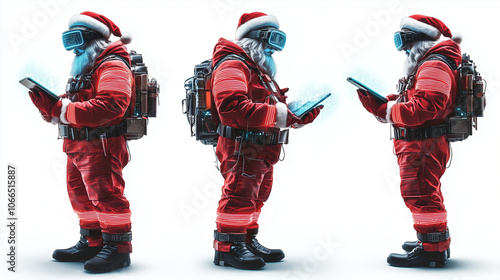 High-tech Santa Claus holding a futuristic holographic tablet, shown from multiple angles, isolated on a white background with glowing LED trim and futuristic glasses. Generated AI