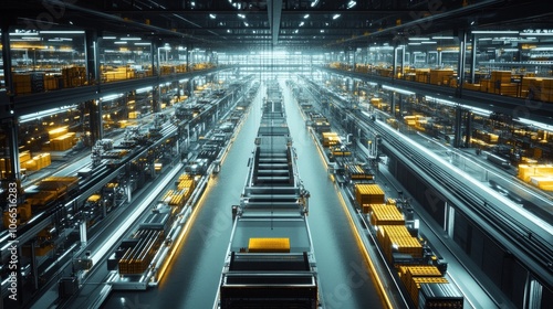 A bird's eye view of an expansive futuristic factory floor, AI Generative.