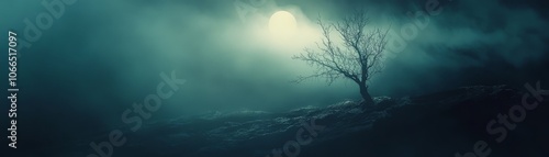 Mystical fogenveloped tree, a serene landscape of solitude and atmospheric beauty photo