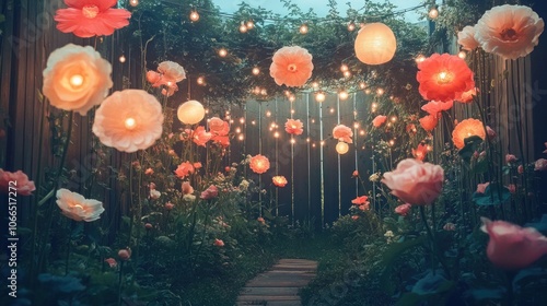 A magical garden path lined with pink flowers and lit by fairy lights.