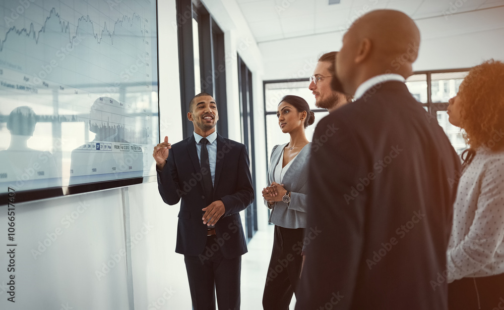 Discussion, TV screen and business people in office with finance statistics for revenue or capital gain. Meeting, data and team of financial consultants with profit growth investment in company. Discussion, TV screen and business people in office with finance statistics for revenue or capital gain. Meeting, data and team of financial consultants with profit growth investment in company.