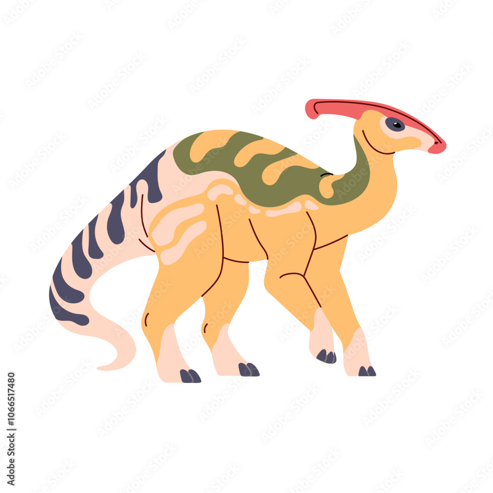 Parasaurolophus walks. Big dinosaur with crest on head. Wild dino with patterned skin. Ancient reptile, animal of Jurassic era. Paleontology. Flat isolated vector illustration on white background Parasaurolophus walks. Big dinosaur with crest on head. Wild dino with patterned skin. Ancient reptile, animal of Jurassic era. Paleontology. Flat isolated vector illustration on white background