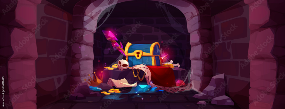 Fototapeta premium Mysterious royal treasure pile in medieval castle dungeon. Blue chest with golden crown and glowing gemstones, scattered coins and skull on king red cloak. fantasy game underground interior with vault