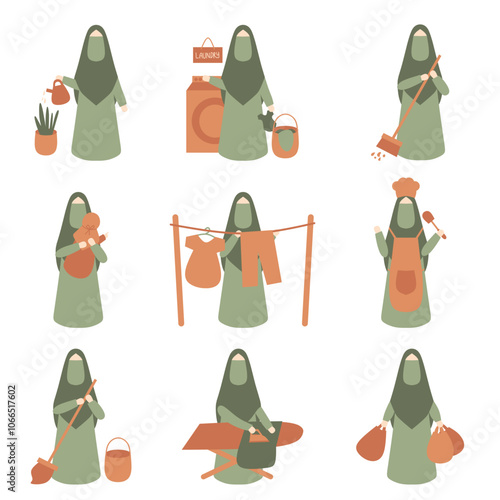 Mother with hijab and niqab doing housewife activity