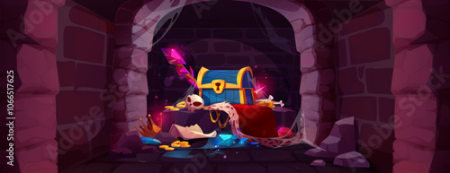 Mysterious royal treasure pile in medieval castle dungeon. Blue chest with golden crown and glowing gemstones, scattered coins and skull on king red cloak. fantasy game underground interior with vault