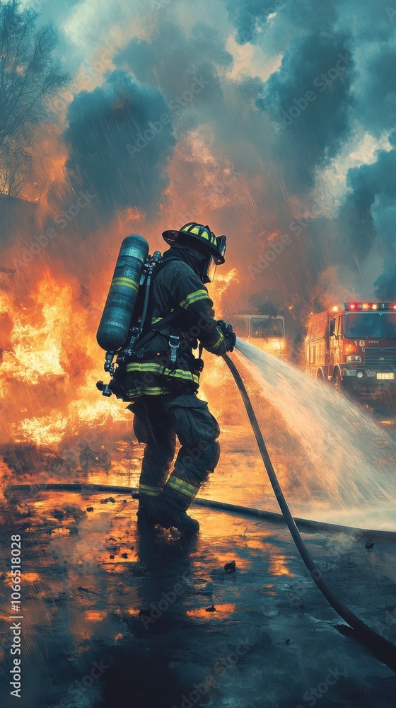 Naklejka premium A firefighter in full gear, spraying water from a hose at a burning building