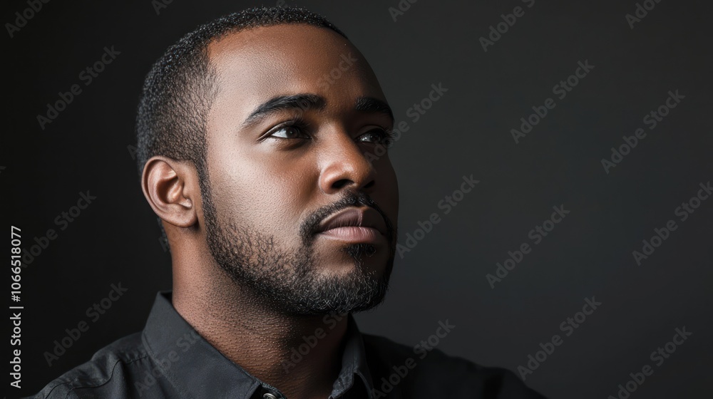 A serious studio portrait of a Black man with a thoughtful expression, emphasizing depth and character A serious studio portrait of a Black man with a thoughtful expression, emphasizing depth and character