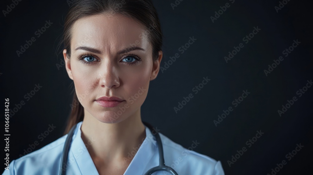 A serious studio portrait of a doctor looking directly at the camera, conveying competence and care A serious studio portrait of a doctor looking directly at the camera, conveying competence and care