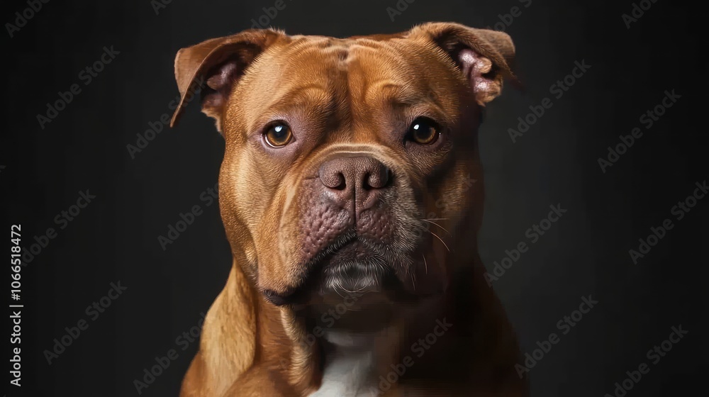 A serious studio portrait of a dog sitting attentively, showcasing its breed and personality A serious studio portrait of a dog sitting attentively, showcasing its breed and personality