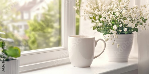 A porcelain coffee mug is placed on the windowsill, catching the light and adding a touch of elegance to the window area.