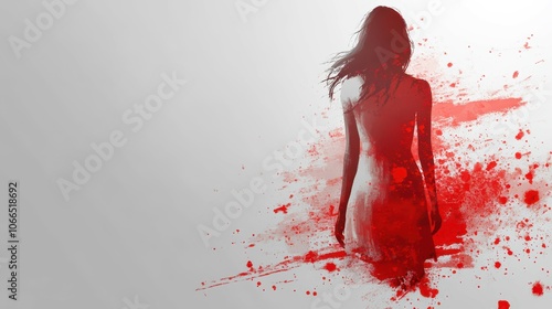 Silent Cry for Justice. 'International Day for the Elimination of Violence Against Women. A woman in bold black and red with a minimalistic background emphasizes pain and resilience.