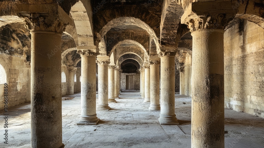 Obraz premium Captivating architectural beauty arises from the remnants of an ancient building, highlighting the intricate stones and pillars, with ample photo space for creative use.