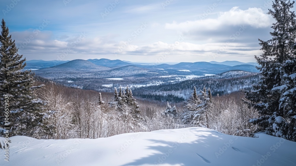 Scenic winter landscape from the summit of a snowy mountain, capturing the essence of tranquility. The snowy mountain peaks create a serene atmosphere with ample copy space. Scenic winter landscape from the summit of a snowy mountain, capturing the essence of tranquility. The snowy mountain peaks create a serene atmosphere with ample copy space.